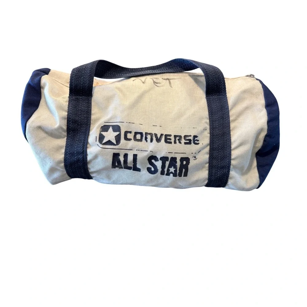 Vintage Converse All Star Canvas Duffle Bag Navy Blue Cream Barrel Gym Bag